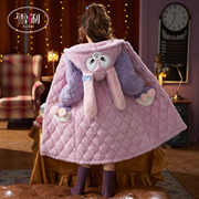 雪俐女童睡袍儿童睡衣三层，夹棉秋冬季加厚款珊瑚绒童装家居服长版