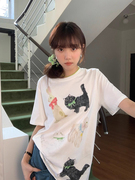 韩国chic夏季可爱减龄圆领卡通图案印花宽松休闲百搭款短袖T恤女