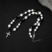 欧美嘻哈项链 黑白反光珍珠十字架项链不锈钢ABS珍珠男士锁骨链