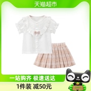 女宝宝学院风短袖短裙套装夏季纯棉婴幼儿洋气周岁礼服外出两件套