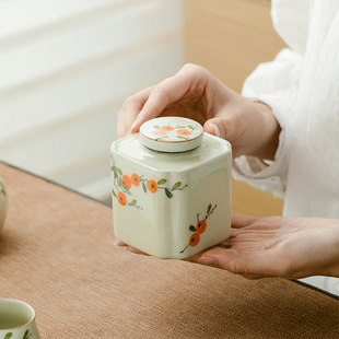拓土草木灰纯手绘柿子，四方茶叶罐陶瓷迷你随身小密封罐普洱红绿茶