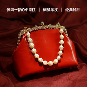 素锦手作复古国风羊皮手拿包中国红色新娘婚包妈妈旗袍高级宴会包