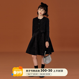mpeng小香风套装女童外套秋冬连衣裙高级感黑色，两件套赫本风礼服
