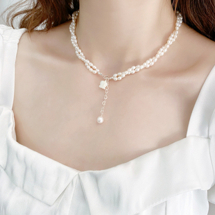 天然淡水珍珠925银铃兰项链锁骨链复古双层米形高级感女不掉色