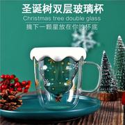 卡通可爱双层隔热圣诞杯带盖咖啡玻璃杯耐热硼硅颜值创意圣诞杯子