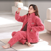 睡衣女士冬季款珊瑚绒三层，加厚夹棉袄法兰保暖翻领超可外穿家居服
