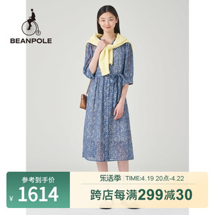 beanpole滨波春秋女士，藏青色碎花法式五分袖收腰连衣裙