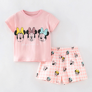 女童粉红色短袖T恤格子短裤子两件套宝宝纯棉夏装儿童家居服套装2