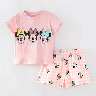 女童粉红色短袖t恤格子，短裤子两件套宝宝纯棉，夏装儿童家居服套装2