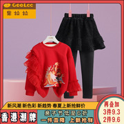 红色女童保暖套装2023拜年服套头卫衣儿童加绒裙裤两件套冬装