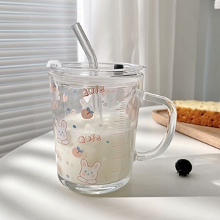 可爱牛奶杯女透明带把手盖勺刻度吸管玻璃杯家用早餐燕麦喝水杯子