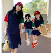 2024夏装亲子装韩系母女，母子撞色polo衫网红姐弟，装家庭装短袖