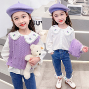女童秋装儿童秋季时尚绣花衬衫紫色马甲两件套女宝宝秋款洋气上衣