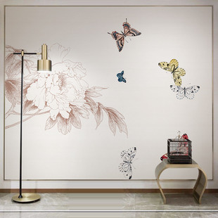 现代中式牡丹蝴蝶意境，装饰壁纸客厅电视背景，墙纸茶室定制环保壁画