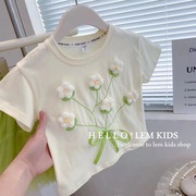 女童装短袖夏季2024女宝宝棉立体花朵T恤儿童洋气夏装上衣