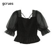gcrues法式方领衬衫修身显瘦夏季女夏蕾丝网纱上衣短款小个子