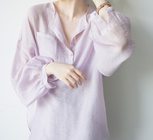 2024小小紫天丝棉套头灯笼袖透视轻薄衬衫女含吊带chic时髦温柔