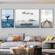 海滩客厅挂画沙发背景墙装饰画风景大海水晶画中式山水壁画三联画
