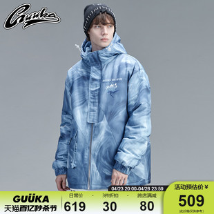GUUKA潮牌蓝色工装棉服男冬季 青少年嘻哈莲花加厚棉衣外套宽松