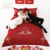 爱诗乐结婚床品四件套纯棉，全棉100s贡缎，床上用品刺绣婚庆红色喜被