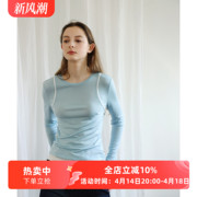圆领天丝羊毛长袖假两件拼接薄款叠穿打底衫T恤女春款设计感上衣