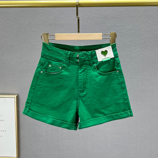 绿色牛仔短裤女2024年夏装弹力高腰修身显瘦ins翻边阔腿热裤