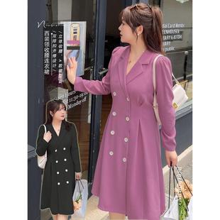 k大码女装春季新款西服领双排扣开襟中长款胖妹妹连衣裙
