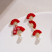 新中式红色扇子耳钉独特设计感新娘耳环仙气穿旗袍配的耳饰高级感