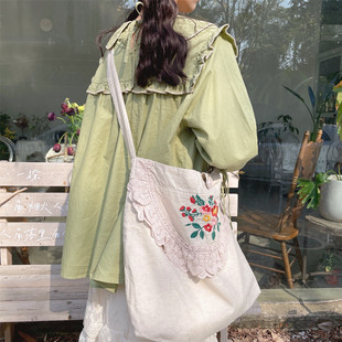 森女系文艺精致花朵绣花棉麻单肩包大容量斜跨包手提包包复古手袋