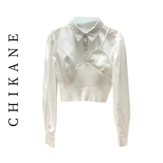 CHIKANE 韩版假两件针织拼接衬衫女短款修身翻领长袖白衬衣女上衣
