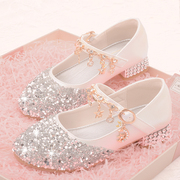 儿童高跟鞋水晶女公主中大童鞋，银白色软底女孩子礼服，鞋女童钻石鞋