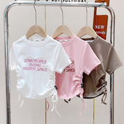 韩版童装2023女童夏季时尚简约字母短款T恤儿童洋气抽绳短袖上衣