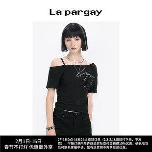 Lapargay纳帕佳夏季女装黑白色上衣百搭休闲印花露肩短袖T恤
