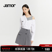 Jamor2023春季灰白撞色拼接衬衫女不规则设计辣妹简约上衣