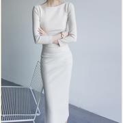 春装法式气质名媛长裙别致独特高级感白色收腰显瘦长袖连衣裙