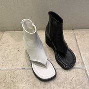 靴子女夏季ins风小众韩国超火方头粗跟侧拉链中筒靴个性夹趾凉靴