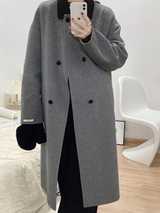 反季秋冬韩版双面羊绒大衣女，中长款小个子灰色拼接宽松羊毛呢外套