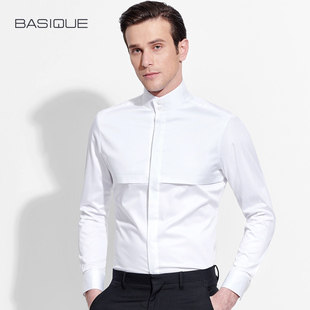 元本中国风商务高立领(高立领)衬衫男士长袖修身高级感拼接白色衬衣