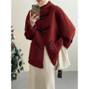 新年战袍红色连帽牛角扣外套，女冬季气质中长款双面羊绒大衣女