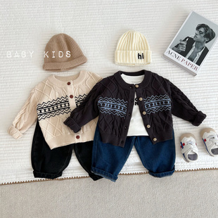 韩国同款ins婴幼儿童，毛衣外套男女宝宝秋装森林，系复古休闲针织衫