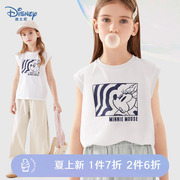 迪士尼女童无袖t恤2024夏季纯棉，儿童短袖背心上衣打底衫童装