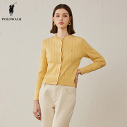 polowalk黄色针织衫女士2024春季款，温柔绞花质感，上衣圆领开衫外套