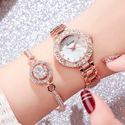 韩版两件套手链手表女士腕表钢带镀金带水钻贝壳纹防水石英时装表