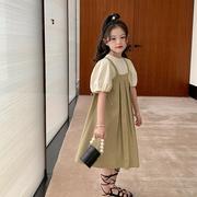 韩版女童夏季套装裙中大童洋气泡泡袖背带裙海边度假两件套连衣裙