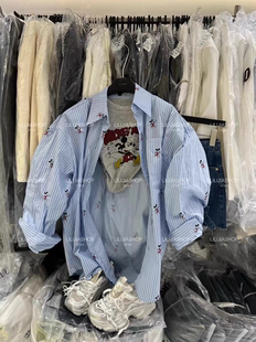 MH家 韩国2024春季卡通米老鼠印花短袖T恤宽松大版条纹衬衫套装