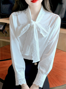 白色V领蕾丝衬衫女长袖2024春季蝴蝶结减龄小衫气质显瘦上衣