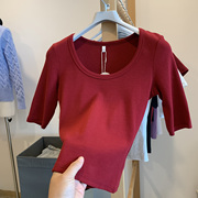 红色正肩短袖T恤女装大圆领中袖T内搭棉质螺纹打底衫显瘦基础上衣