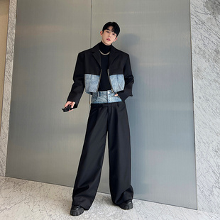 韩国复古小众牛仔拼接西装套装男设计感搭配阔腿长裤网红两件套潮