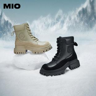 mio米奥2023年冬季圆头前系带高跟，马丁靴酷飒，厚底户外工装靴女靴