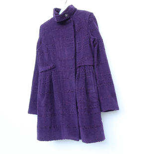 艾格特s断码女冬紫色柔美半高领羊毛，毛呢外套大衣4n4232